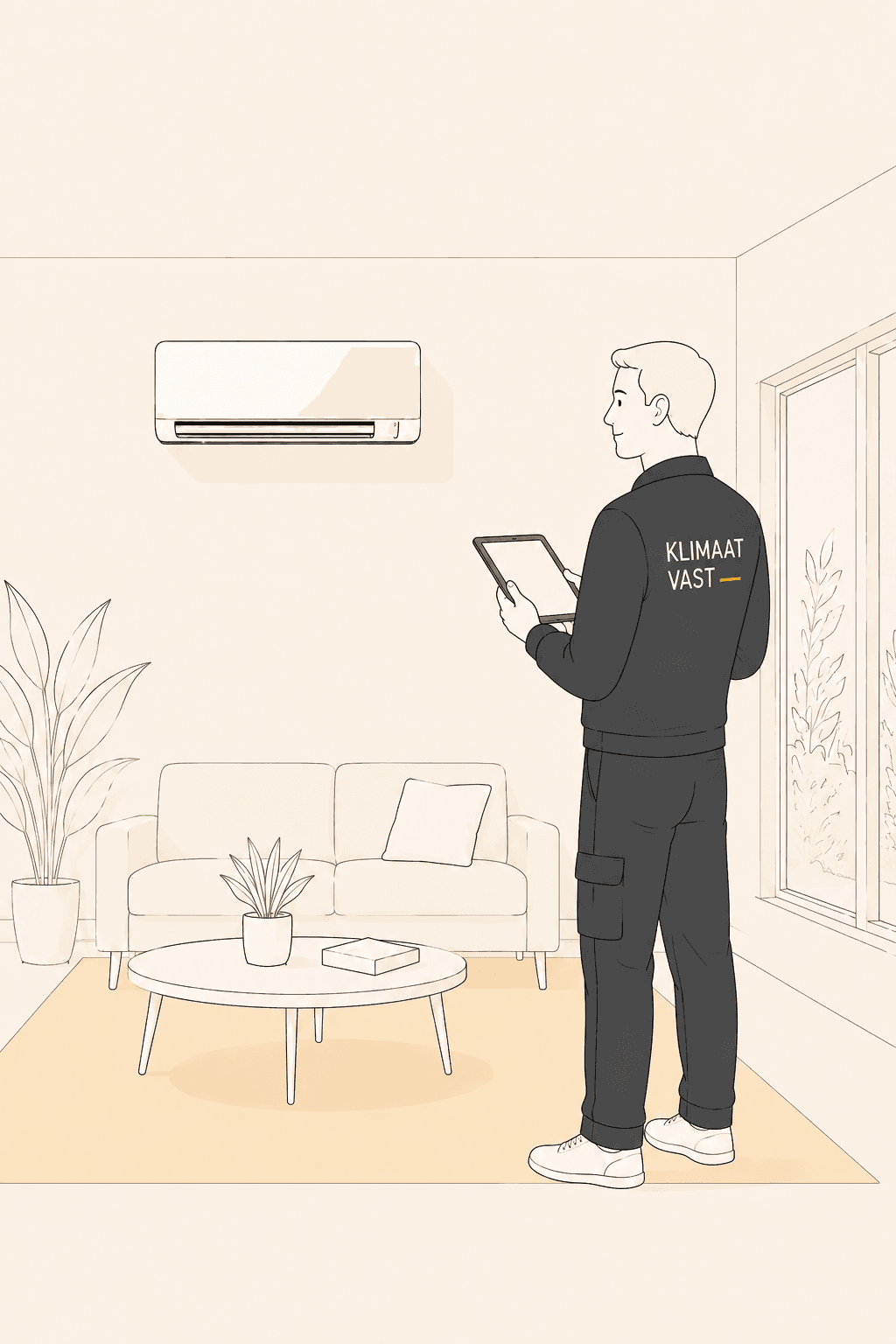 Installateur controleert een airco in een woonkamer