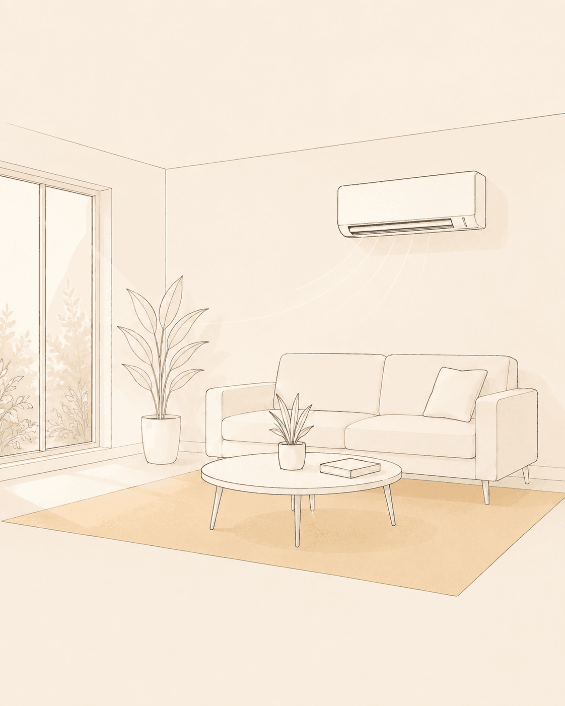 Moderne woonkamer met een airco aan de wand