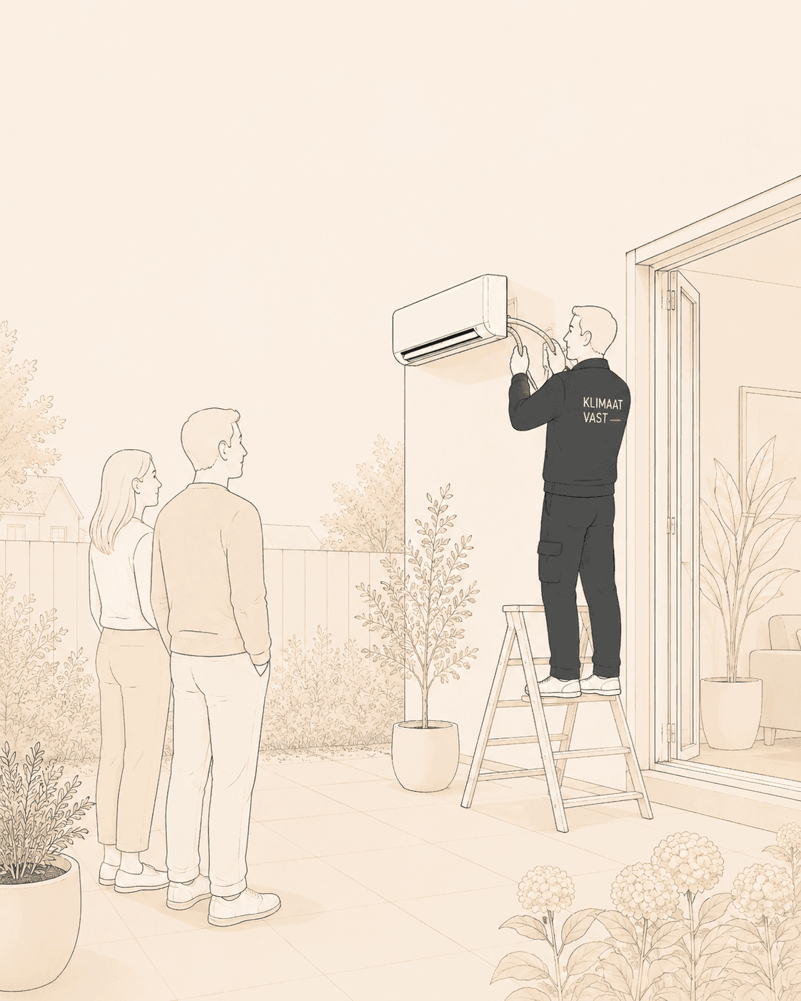 Installateur monteert een airco buiten bij een terras