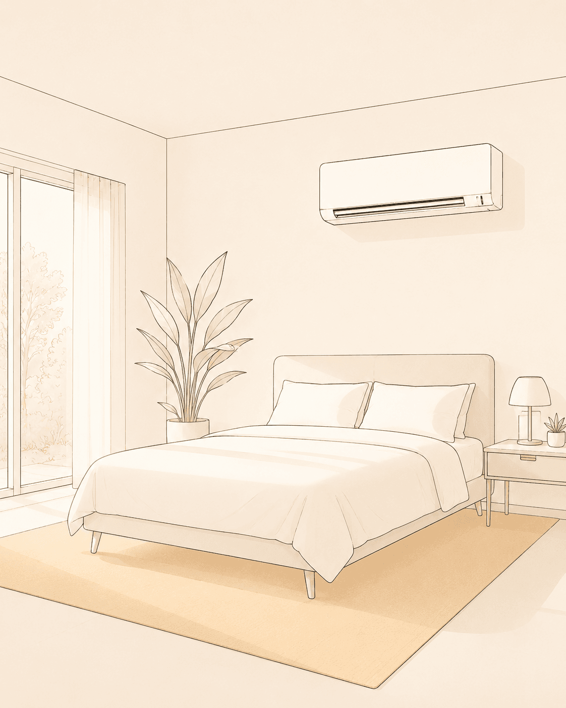 Rustige slaapkamer met een stille airco aan de wand