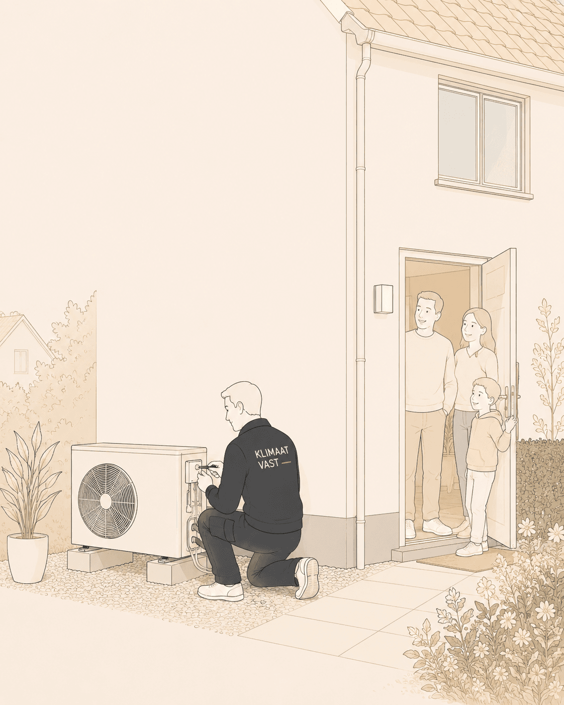 Gezin kijkt mee bij de montage van een airco buitenunit