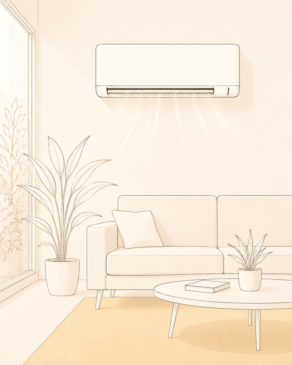 Close-up van een airco binnenunit in een woonkamer