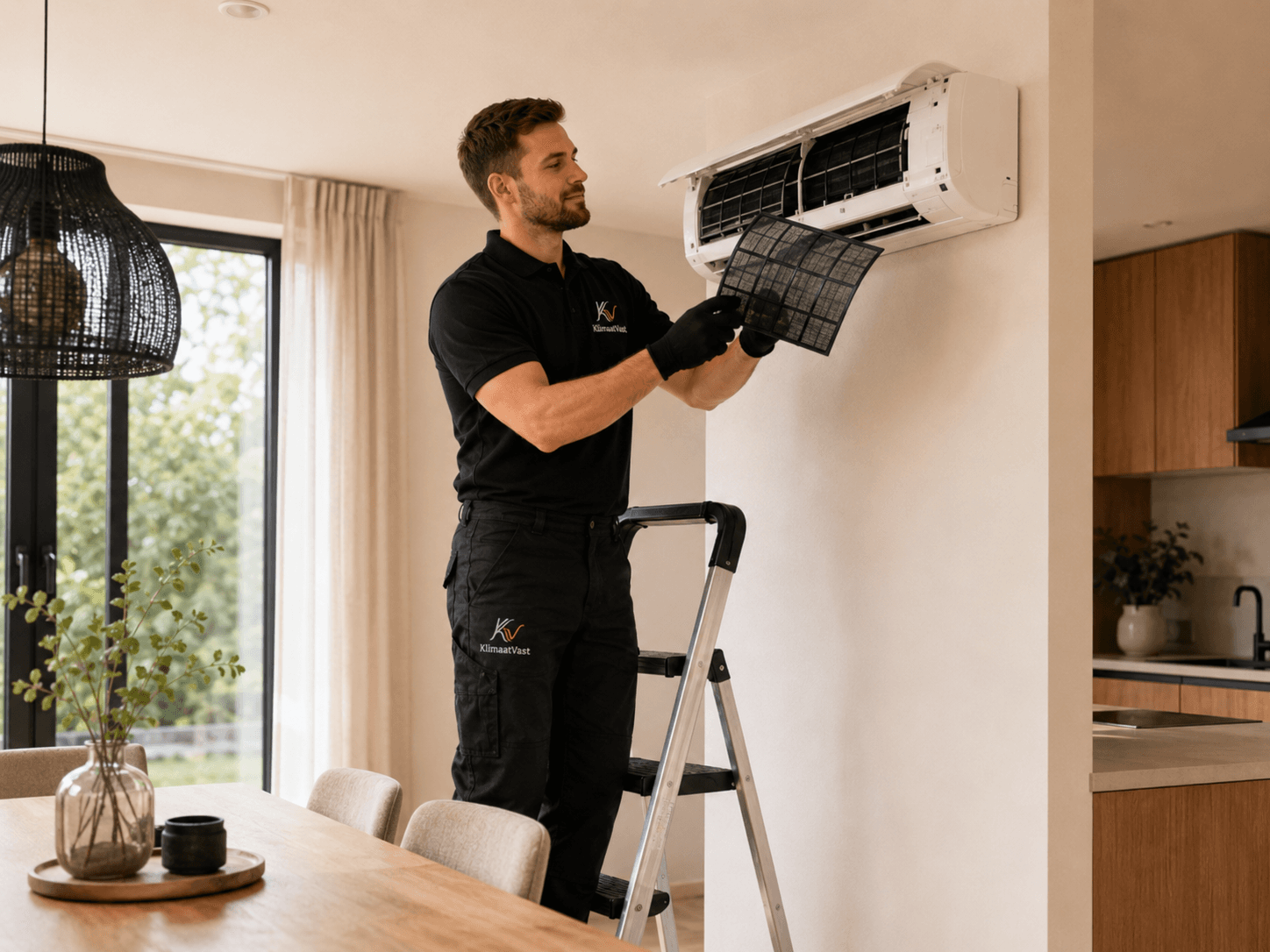 Monteur voert onderhoud uit aan de binnenunit van een airco