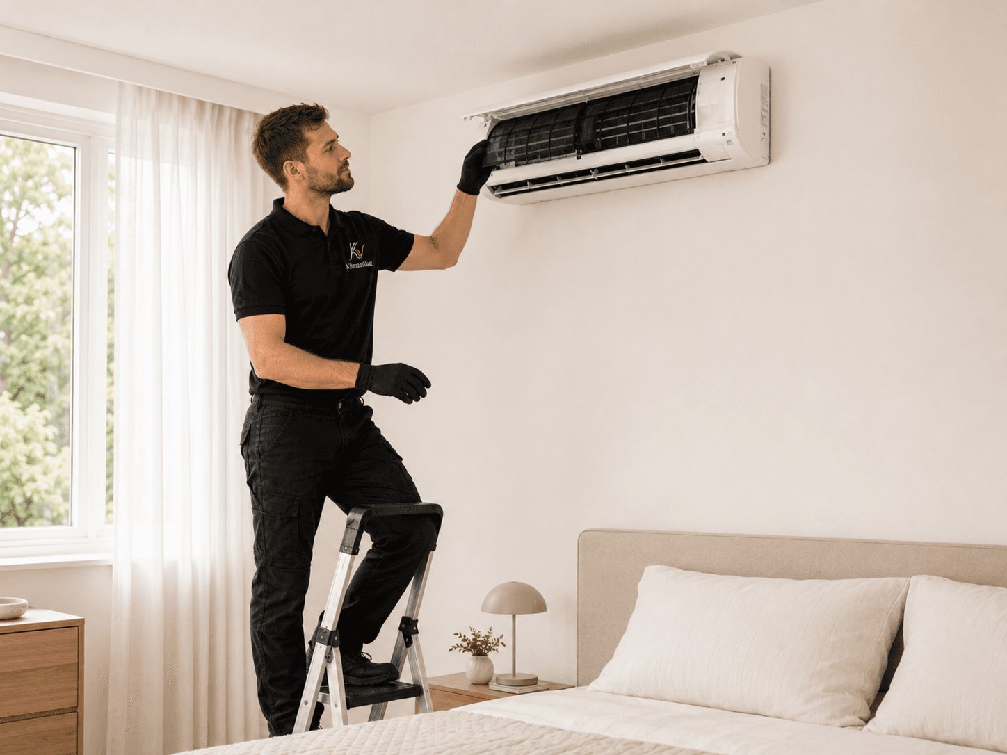 Frisse, lichte woonkamer met een schoongemaakte airco aan de wand