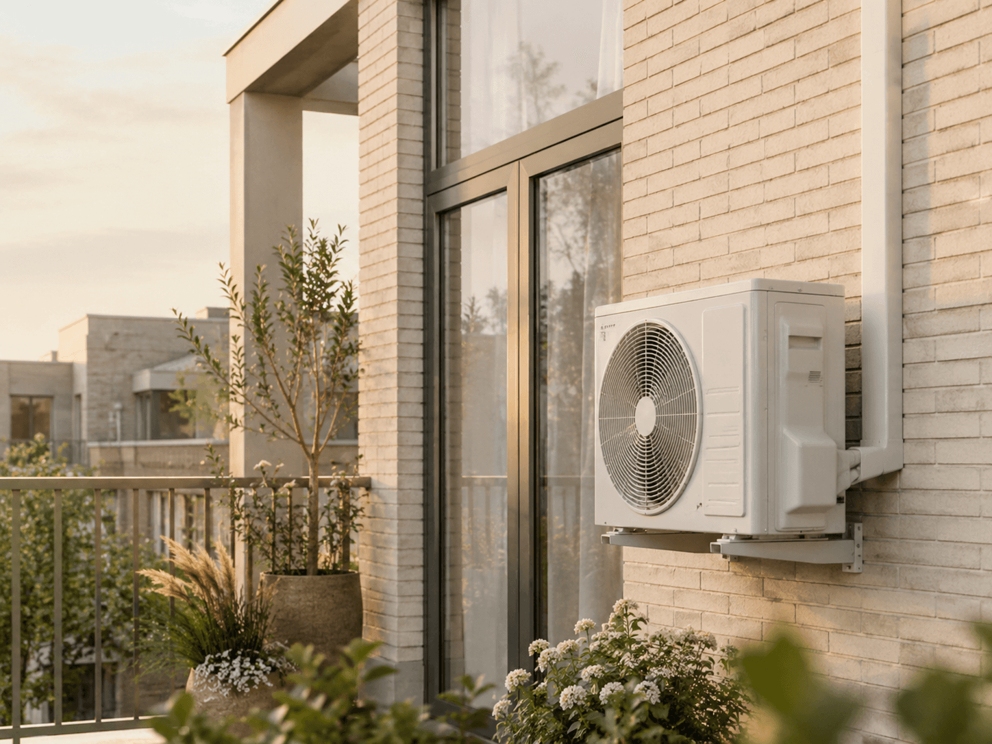 Buitenunit bij een woning tijdens zonsondergang