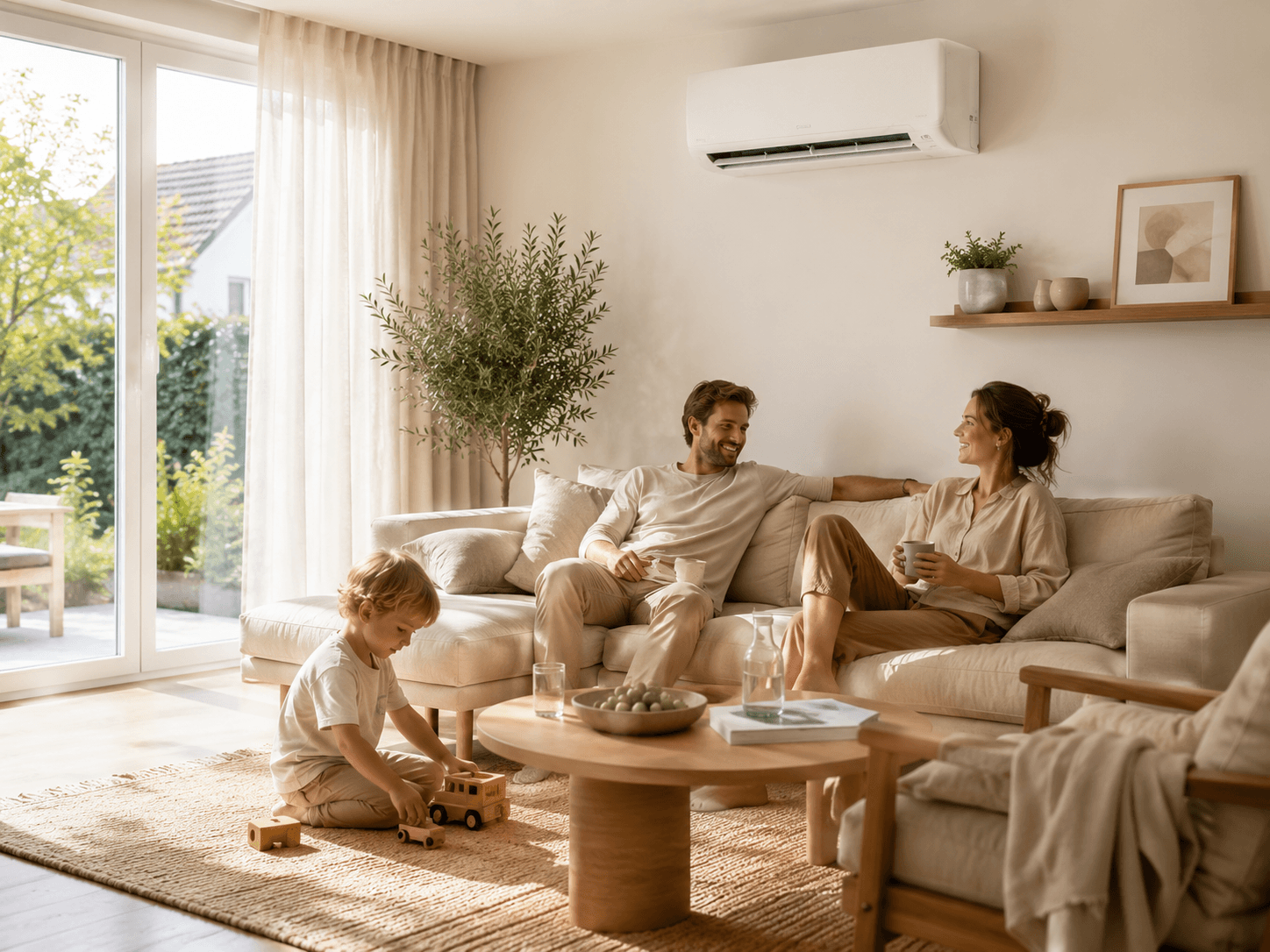 Airco aan de wand in een lichte woonkamer