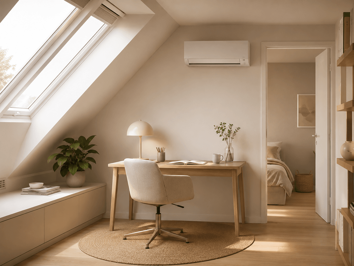 Airco op een zolderverdieping met werkplek