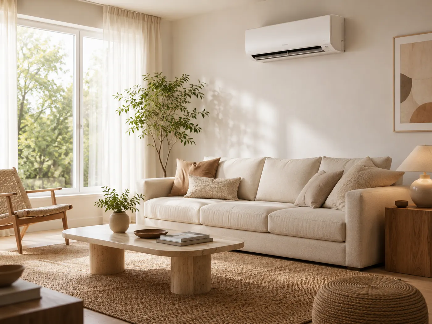 Woonkamer met airco aan de wand in zacht daglicht