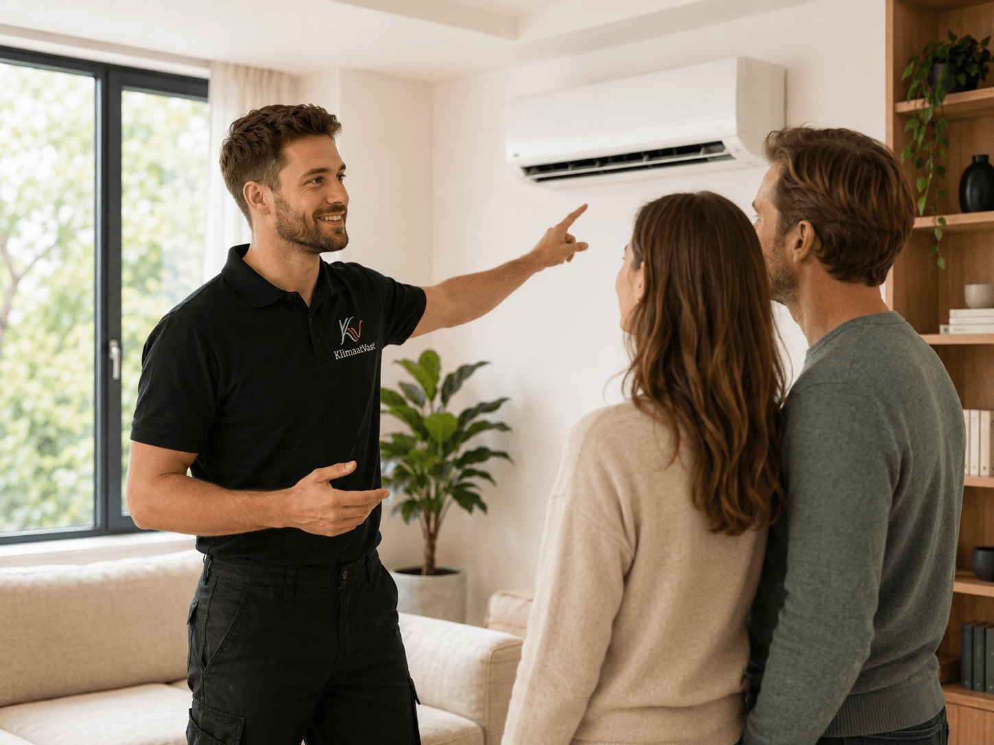Monteur van KlimaatVast legt de werking van de airco uit aan klant in de woonkamer