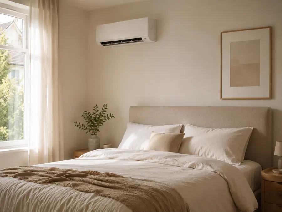 Minimalistische slaapkamer met witte airco